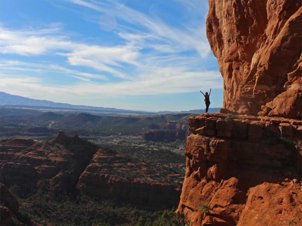 Panorama, View, woman, arms up, Sedona, Arizona, Cathedral Rock, Cliffs, Cathedral Rock Hiking Trail