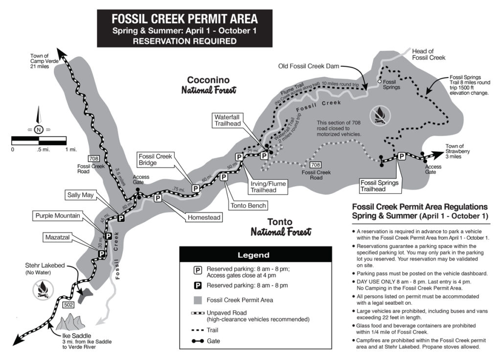Map of Fossil Creek Wilderness Area Trails and Parking Lots